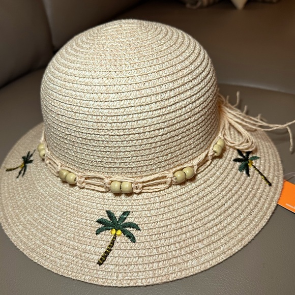 Brand New Light Pink Sun Hat with Palm Trees and Rafia Ribbon - Size 7 - 7 1/8 - Picture 1 of 6